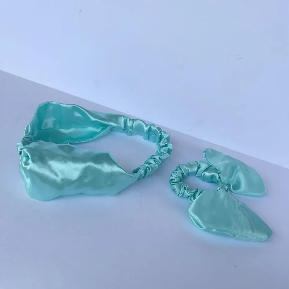 2 New Bow Headband Hair Tie Blue Satin